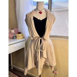 Whimsy sleeveless knit waterfall hem tie front beige cardigan size M